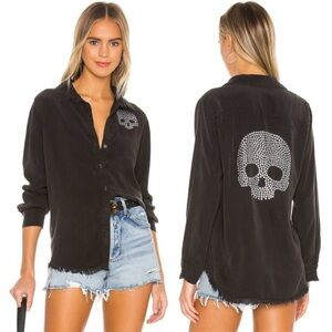 Lauren Moshi Sloane Nailhead Skull Top Size L Black Grey Button Up Denim Shirt